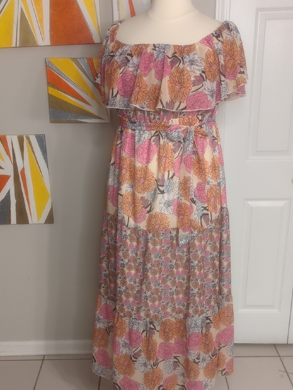 3XL Lightweight Polyester Chiffon maxi Dress Pink Orange White Black Floral